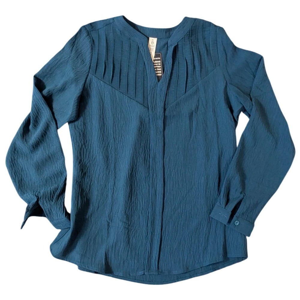 B Teal Blue Textured Pleated Split Neck Long Sleeve Blouse Medium‎ NWT